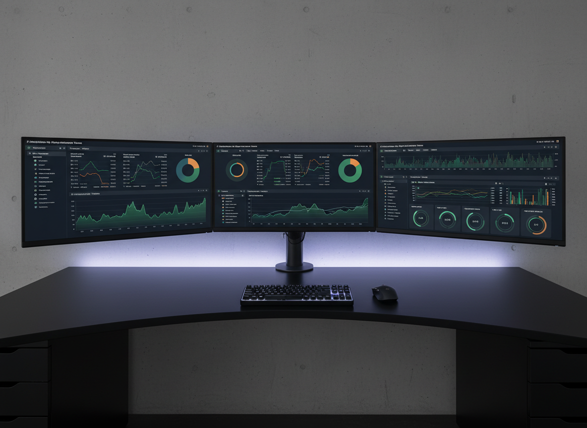 An elegant, dark matte desktop featuring three ultra-wide monitors in a seamless arc, displaying detailed dashboards of system metrics, API response times, and deployment pipelines in rich blues, greens, and ambers. The background on the screens is a sophisticated dark theme, with clean typography and minimalist charts. A compact mechanical keyboard with soft white backlighting and a slim, wireless mouse sit perfectly aligned in front. Ambient, cool-toned LED light strips cast a gentle glow along the back edge of the desk, subtly illuminating a smooth concrete wall behind. Captured from a slightly elevated angle with sharp focus throughout, the mood is analytical, organized, and modern, evoking high-end software design and observability in realistic photographic style.