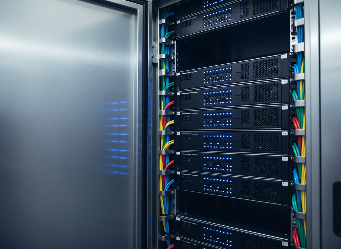 A close-up of a polished stainless-steel server rack door slightly open, revealing an orderly array of black rack-mounted servers with synchronized blue and white status LEDs. Color-coded fiber cables are carefully routed along the sides, forming clean arcs and straight lines without clutter. Cool, focused overhead lighting highlights the subtle textures of metal grilles and brushed aluminum, casting fine shadows between each unit. The composition uses a shallow depth of field, with the front edge of the rack razor-sharp and the deeper rows softly blurred, creating depth and focus on precision. The atmosphere is calm, reliable, and highly technical, rendered in crisp photographic realism suitable for a cloud consulting services site.