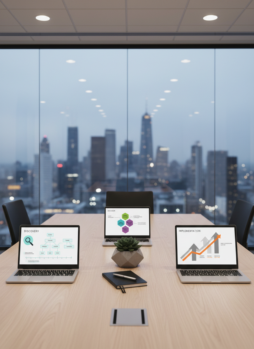 A modern, low-profile conference table made of light ash wood, centered in a glass-walled meeting room overlooking a distant city skyline rendered as a soft blur. On the table, three slim laptops are open, each displaying different stages of a cloud migration plan: discovery, design, and implementation, with clear diagrams and timelines in cool, professional colors. Between them lies a minimalist black notebook, a single pen, and a small, geometric planter holding a dark green succulent. Overhead, recessed ceiling lights provide even, neutral illumination, creating subtle reflections on the glass walls and table surface. Composed from a slightly elevated, wide-angle view, the mood is strategic, collaborative, and future-focused, with clean photographic realism ideal for a software consulting brand.