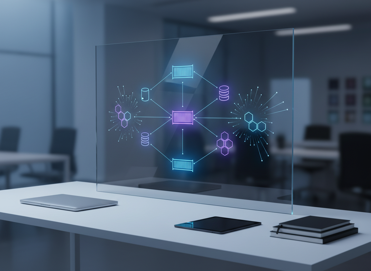 A sleek, midnight-blue cloud architecture diagram glowing on a large, ultra-thin glass display, mounted on a minimalist white desk. The diagram shows interconnected containers, databases, and microservices as luminous geometric icons, connected by fine neon lines. Around the display sit a closed silver laptop, a matte-black tablet, and a neatly stacked set of technical notebooks. Soft, cool studio lighting from above creates gentle reflections on the glass surface and subtle shadows on the desk, emphasizing clarity and precision. Shot at eye level with a slight angle, the background falls into a smooth bokeh of a modern office interior. The mood is professional, forward-looking, and quietly powerful, in clean photographic realism.