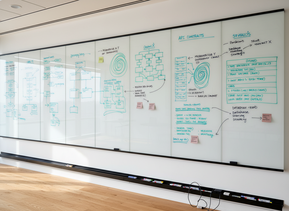 A carefully arranged collection of whiteboards and glass panels forming a continuous wall, each covered with neatly drawn system diagrams, API contracts, and flowcharts in vivid blue, green, and black marker. Sticky notes in muted colors are placed sparingly to highlight key decisions and dependencies. The floor is a light oak wood, and a minimalist black metal ledge runs along the bottom, holding an organized row of markers and erasers. Bright but diffused daylight streams in from an unseen window, creating soft reflections on the glass surfaces and a calm, focused atmosphere. Shot from a wide, eye-level perspective with sharp focus, the image feels like a clean, modern space dedicated to thoughtful software architecture and strategic planning, captured in realistic photographic detail.